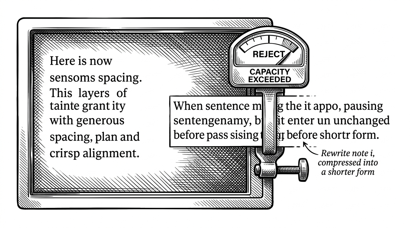 A narrow text box is shown as a fixed chamber with a few lines fitting perfectly on the left. On the right, a longer sentence is blocked by a red capacity gauge and forced into a shorter form before entering. The image explains that the project prefers rewriting content over shrinking fonts or breaking hierarchy.