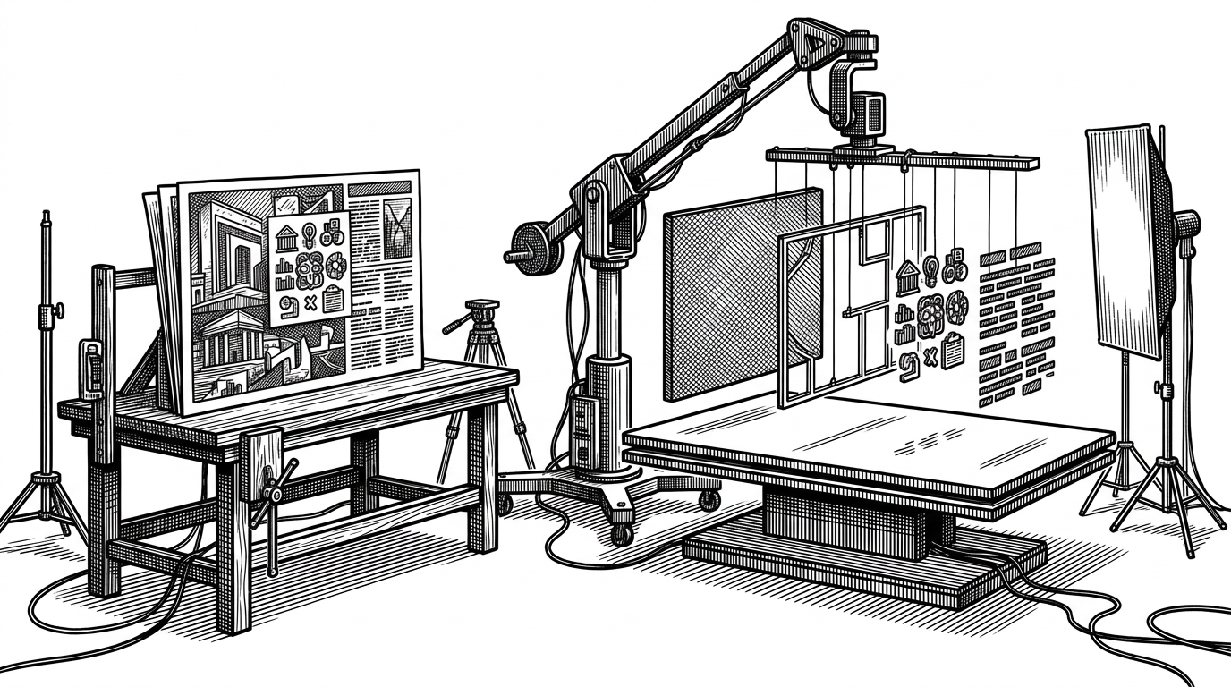 A medium editorial scene shows a dense slide image on one workbench and a green-screen isolation stage on another. The visual explains how the repo separates skeleton, icons, text, and background from a finished composition before rebuilding it as editable layers.