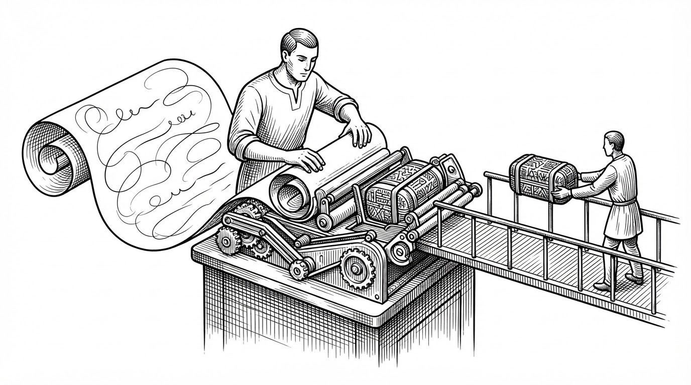 A close-up relay station folds a long verbose scroll into a tight capsule before passing it over a narrow bridge to a second agent. The left side is loose and airy, while the right side is compact and structured. It explains why Honey treats agent handoffs as a different compression problem from human-facing prose.