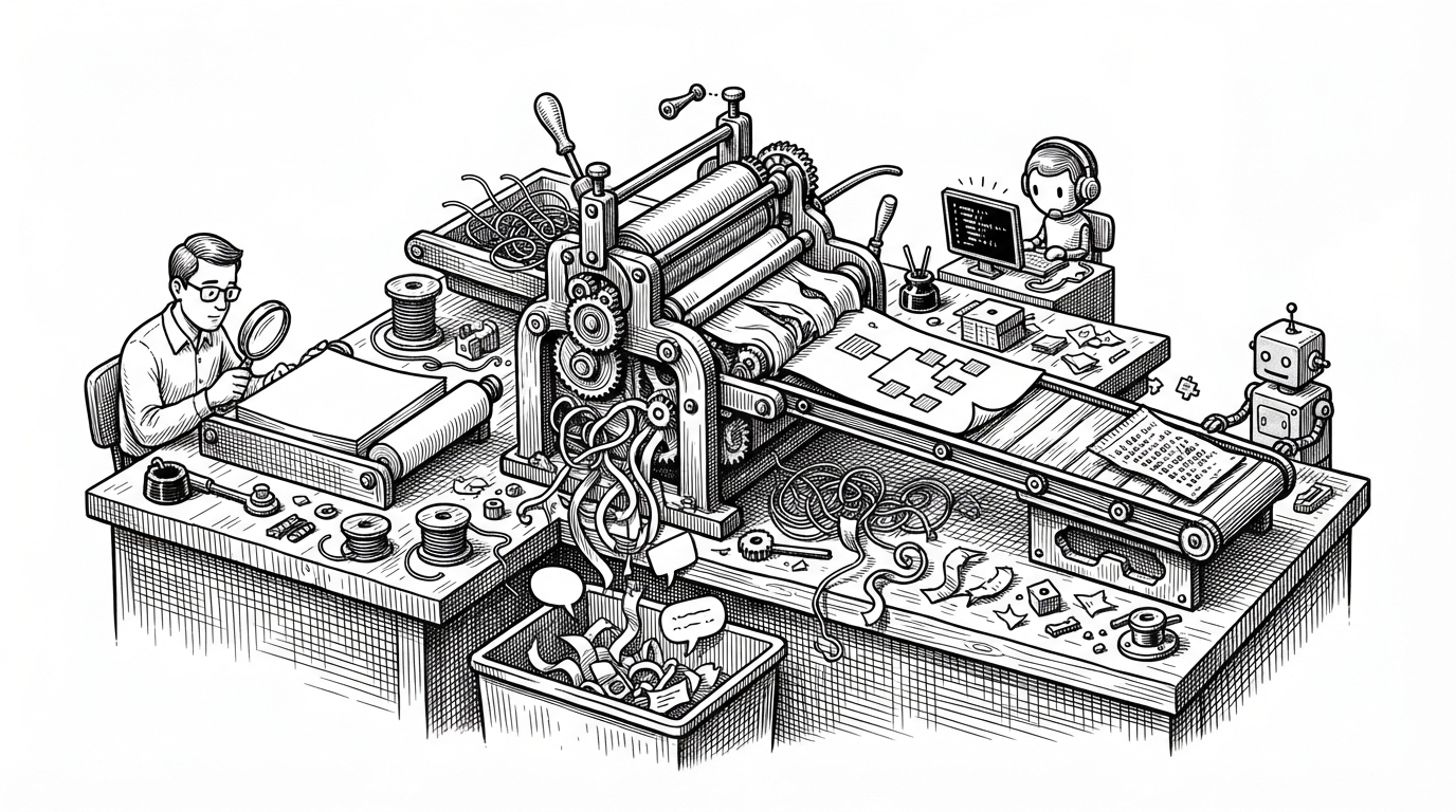A central machine trims excess paper, wire, and speech before sending three different outputs down three separate paths. One path goes to a human editor with a clean page, one goes to a coding agent with a compact decision tree, and one goes to a smaller sub-agent with a sealed packet of dense symbols. It explains that Honey compresses output differently depending on who will read it.