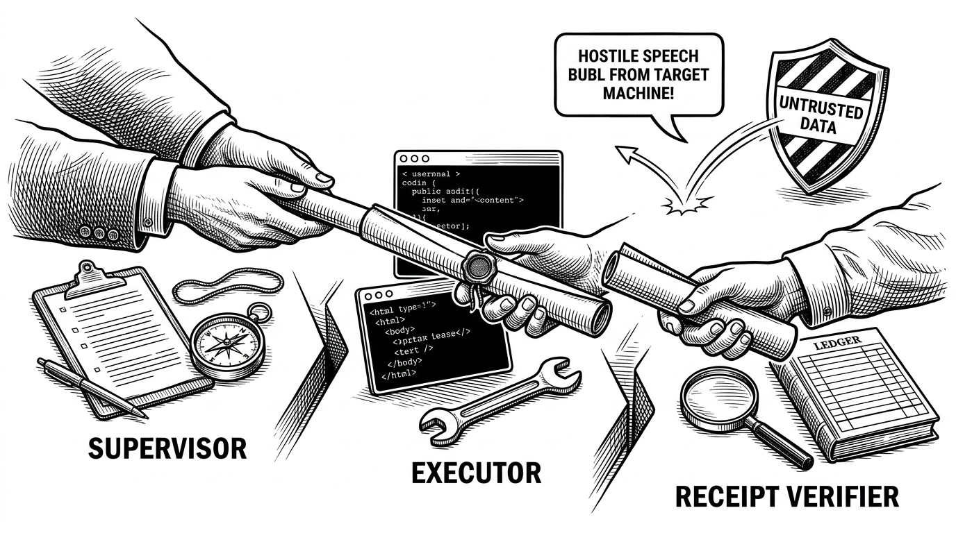 A close-up relay exchange shows a supervisor handing a task lease baton to an executor, then a receipt verifier inspecting the result while a hostile speech bubble bounces off an untrusted-data shield. The image explains how PentestGPT separates planning, action, and evidence acceptance.