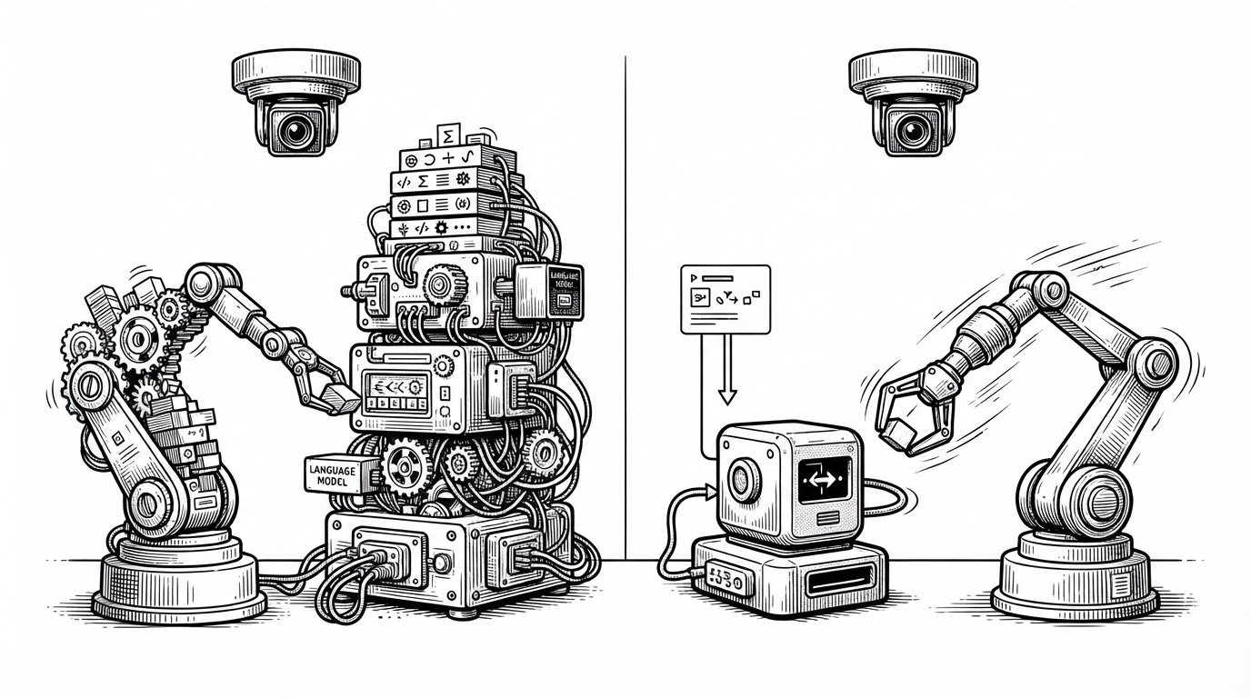 A wide robotics scene shows a camera, prompt card, and robot arm on one side, and a bulky language-model tower slowing the signal on the other. The composition explains TurboVLA’s main idea: remove the LLM bottleneck and let vision and language feed action directly.