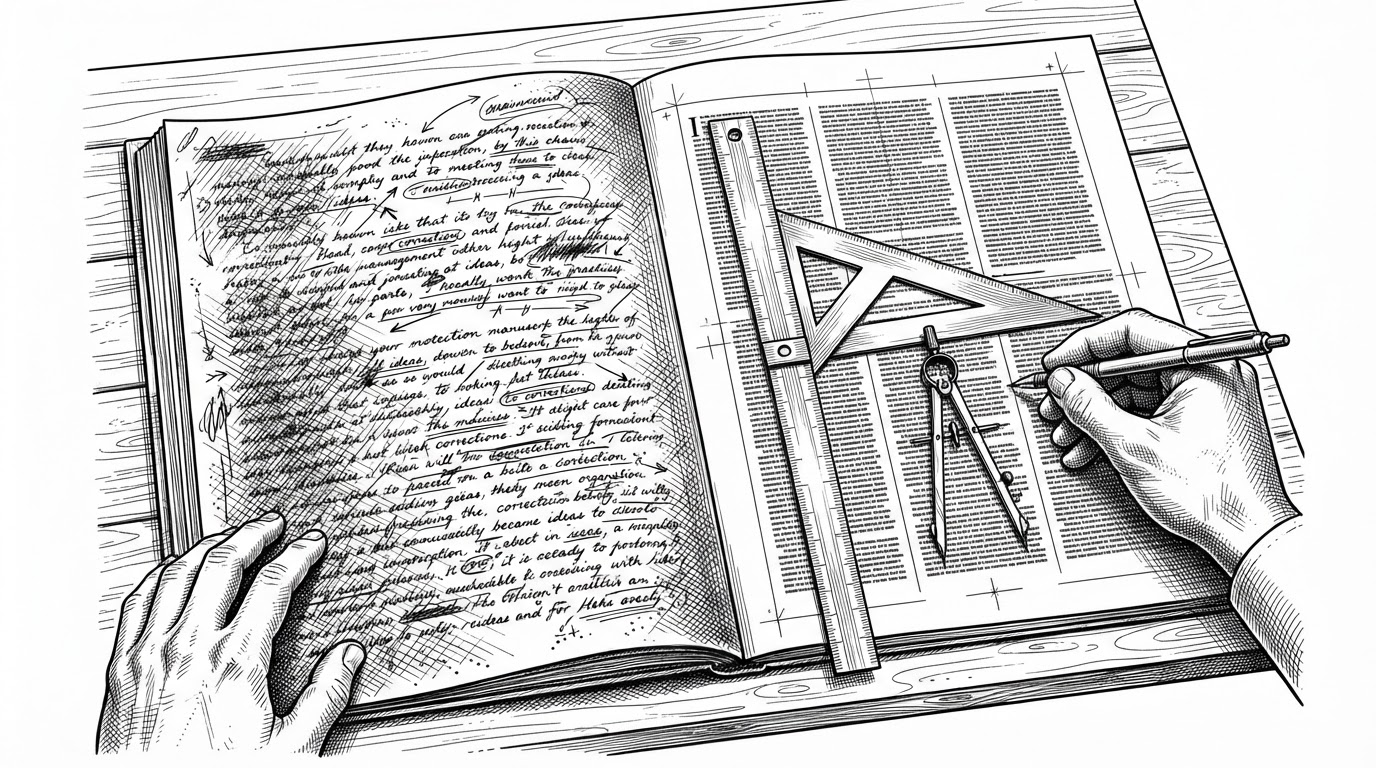 A page layout grid is shown in close-up. One side is a rough manuscript page with uneven line breaks, while the other side is a carefully typeset page with exact margins, stable rhythm, and separator rules. The image explains how layout choices shape tone and authority.