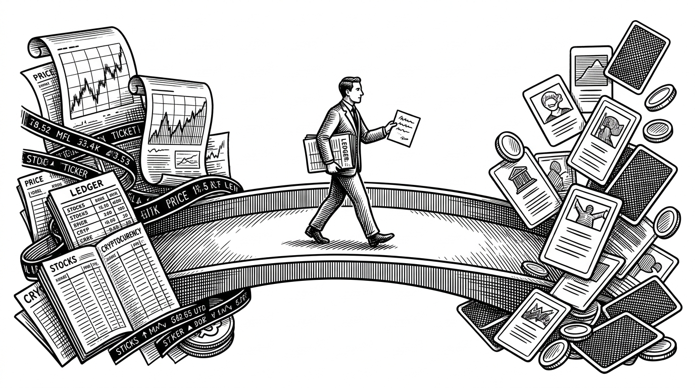 A bridge spans two market worlds, with price charts and ticker strips on one side and event contracts on the other. The scene explains how AI-Trader extends the same agent system from asset prices into outcome-based markets.