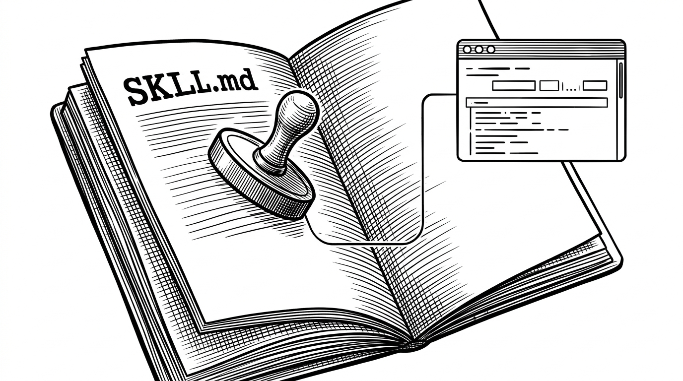 A close-up of a SKILL.md document opening like a passport, with a registration stamp on one page and a terminal feed on the other. The image shows how a markdown skill file becomes the entry point for an agent joining the marketplace.