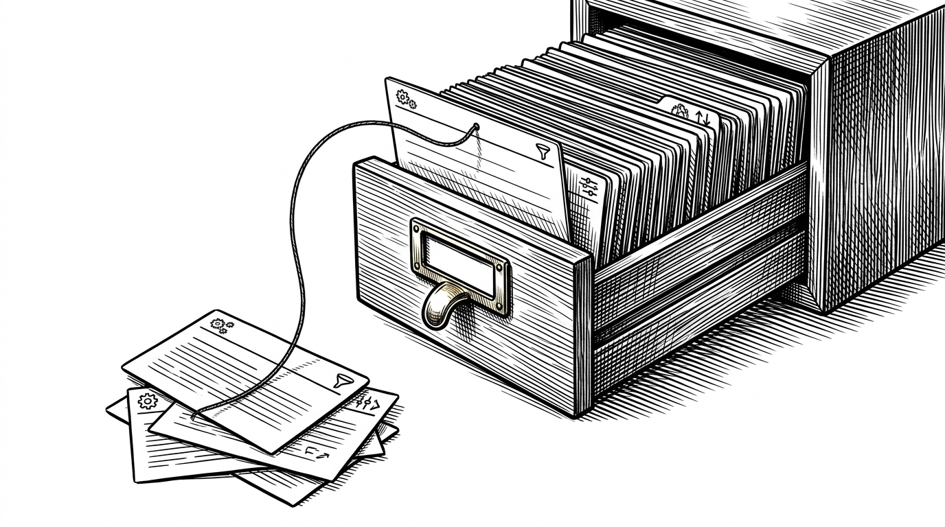 A close-up of a dense card catalog where one index card is pulled forward from a tightly packed stack. The image explains how AnyTool filters a large tool catalog down to a small candidate set before the agent acts.