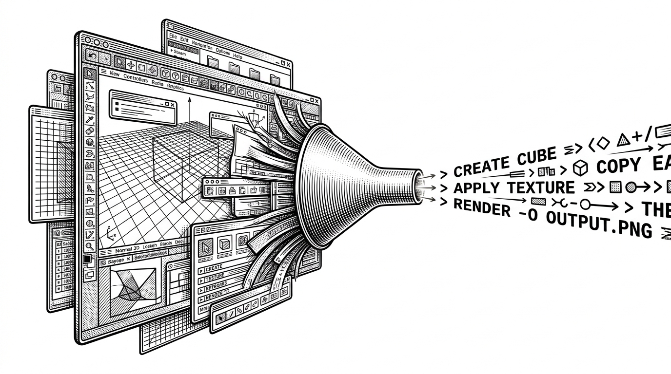 A complex graphical user interface being compressed through a funnel into a clean stream of command-line text, representing the transformation of GUI apps into CLI tools.