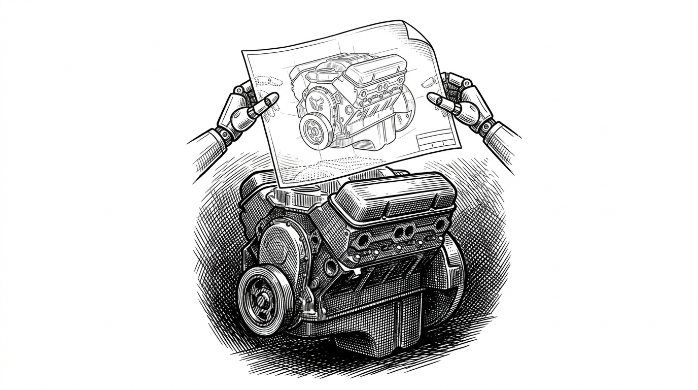 Robotic hands manipulating a lightweight blueprint hovering over a heavy mechanical engine, illustrating the Shadow State architecture.