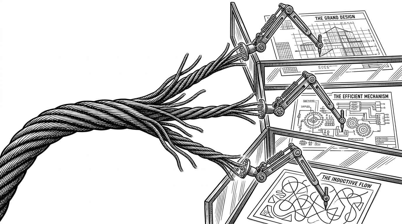 A thick braided steel cable unraveling into three separate strands. At the end of each strand, a mechanical drafting arm draws a different blueprint behind thick glass partitions.
