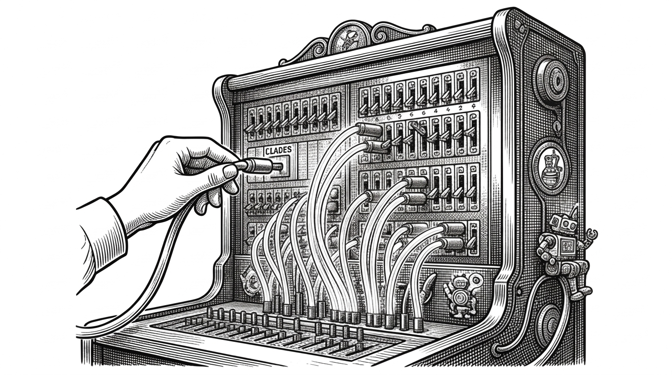 A vintage mechanical telephone switchboard with glowing fiber optic cables. A single operator plugs a thick cable into a LEADER socket, triggering a cascade of smaller switches. This illustrates the concept of a single CLI command spawning a coordinated AI swarm.
