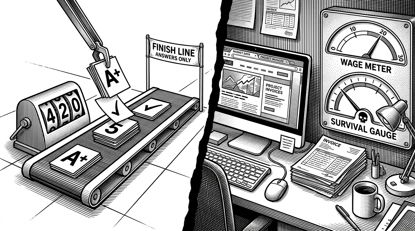 A split scene shows two ways of evaluating agents. One side is a treadmill with score counters, while the other is a real desk with invoices, a browser, and a survival gauge. The image explains that ClawWork is not a better quiz, it is a different machine.