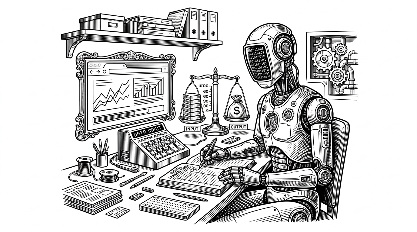 An AI worker sits at a desk with a browser window open, a calculator nearby, and a ledger spread across the table. The scene explains ClawWork's core idea: an agent is not just asked to finish work, it is asked to afford the computation it consumes while doing it.