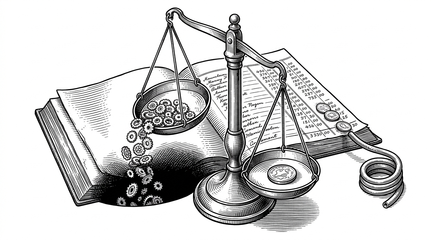 A close-up of a balance scale and ledger where one side drains while the other fills. The scene shows that in ClawWork, the cost of thinking is not hidden in the background, it is part of the work itself.