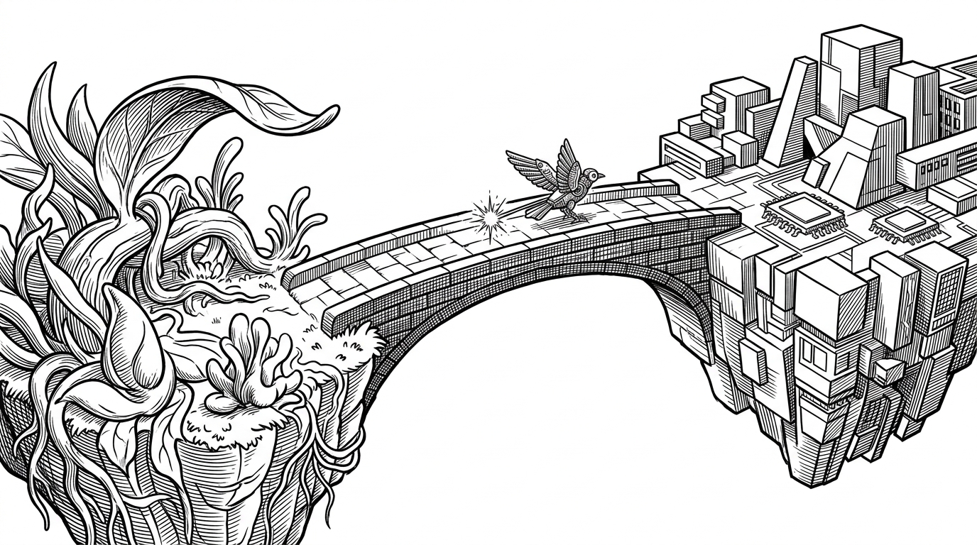 A massive stone bridge connecting two floating islands representing different scientific disciplines, with a single glowing spark being carried across. This illustrates the Serendipity Engine's cross-disciplinary synthesis.