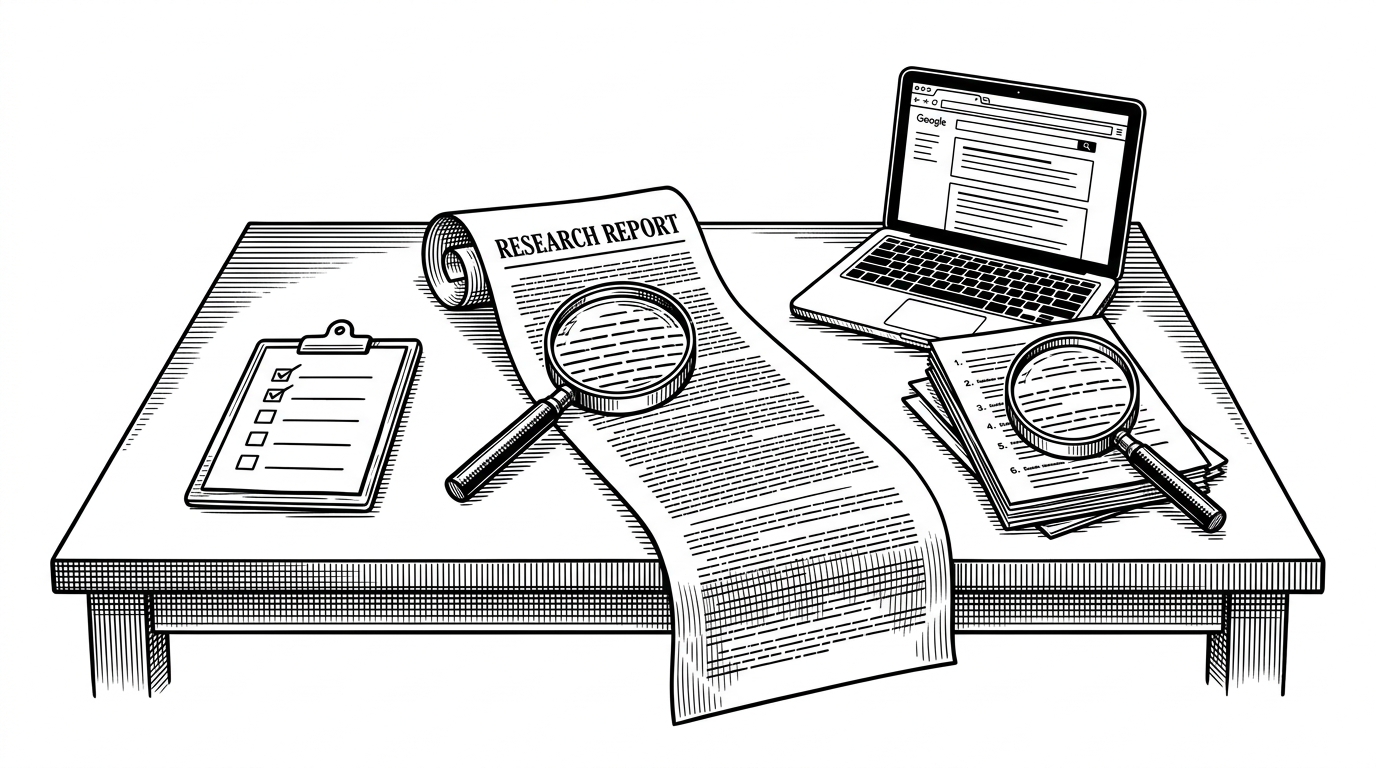 A wide editorial scene shows a long research report spread across a clean desk, with a magnifying glass over one column of prose and another over a stack of citations. The image explains that this project evaluates finished reports as both writing and evidence, not as a single answer string.