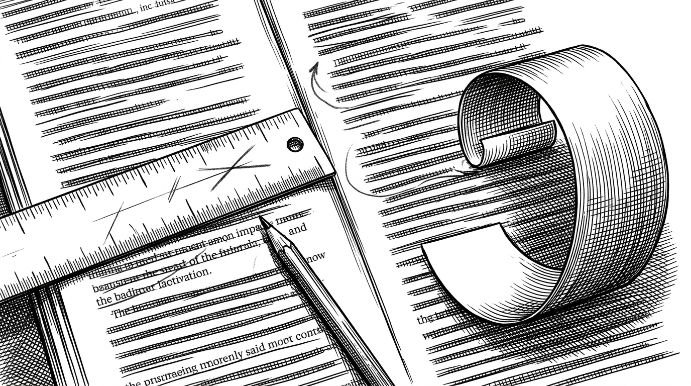 A close-up engraving shows two nearly identical columns of text being measured with a ruler and marked with pencil ticks. One paragraph loops back on itself in a small circular path, illustrating how repetitive writing can hide inside a long report.