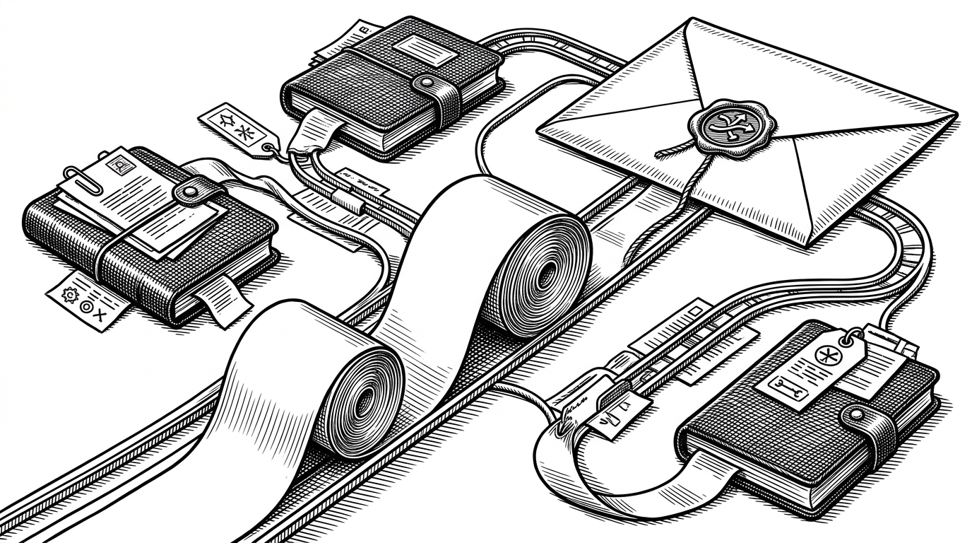 A close-up of a clean central conversation thread in the foreground, while side threads branch into smaller notebooks and then fold back into a sealed envelope. The image explains how DeepTutor routes internal work outward and returns only the useful result.