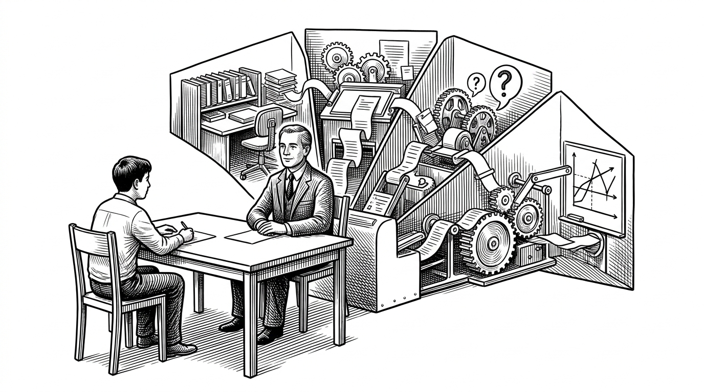A student sits at a clean desk facing one calm tutor figure, while a hidden mechanical workspace fans out behind them into specialist chambers. The image explains DeepTutor’s core idea: one visible tutor, many invisible sub-agents doing the work underneath.