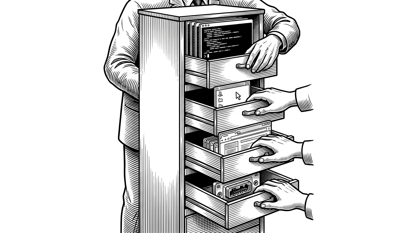 A medium editorial scene shows one central executor opening a tall cabinet with several drawers. Each drawer contains a different working surface, including a terminal, a desktop window, a browser window, and a modular connector socket. The scene explains that one grounding layer can span shell, GUI, web, and MCP tools without changing the underlying coordination model.