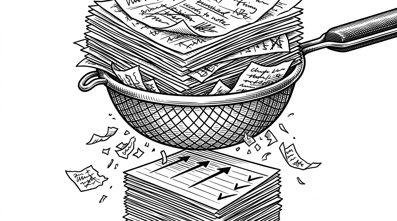 A close-up editorial scene shows a thick stack of scribbled task cards being pressed through a narrow metal sieve into a smaller stack of clean index cards. Repeated scraps fall away below, while a few cards with crisp arrows and checkmarks survive intact. The scene explains selective compression, where the system preserves decisions and structure while shedding repetitive noise.