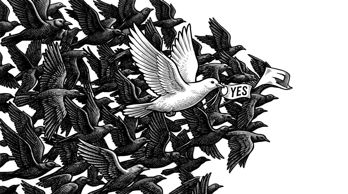 A black and white illustration of a single white bird flying against a massive flock of black birds.