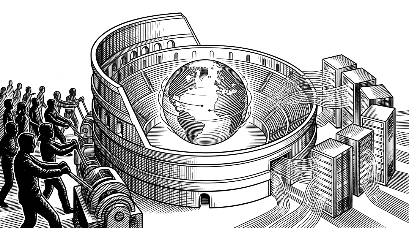 A black and white illustration of a futuristic coliseum where human silhouettes and server racks face off around a holographic globe.