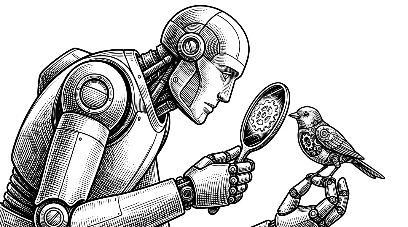A giant mechanical titan looking into a small mirror held by a tiny clockwork bird, revealing a glowing gear missing from the bird's chest.