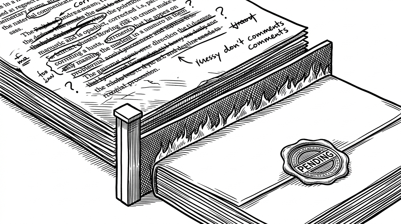 A close-up editorial scene shows two stacked manuscript layers under a review stamp. One layer contains rough AI-generated edits held back behind a narrow gate, while the other stays clean and ready for approval, explaining Litewrite's review-first workflow.