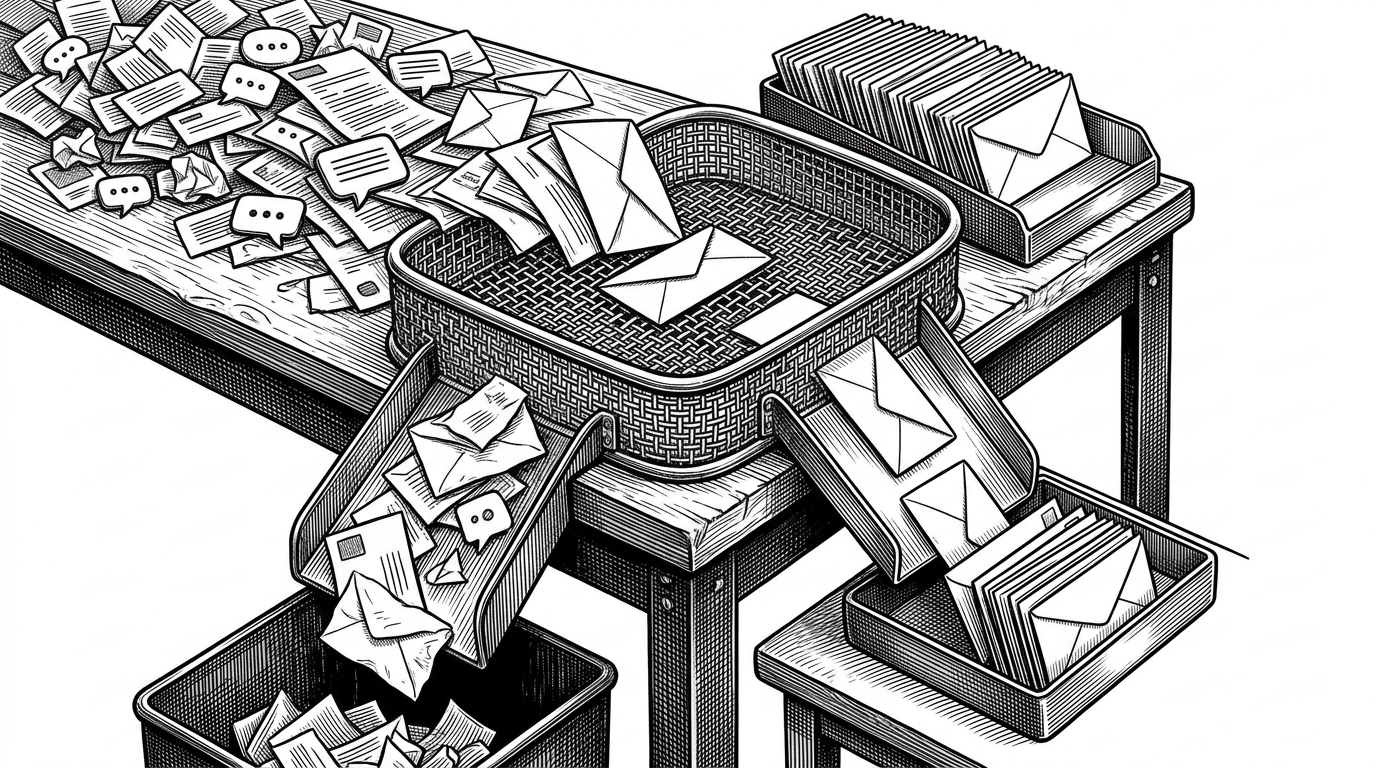 A close-up of a sorting desk where a tangled pile of message slips passes through a mesh sieve. Only a few clean envelopes make it into a calm tray, while the rest fall away as clutter. The image explains how MoChat filters noise and delays low-priority replies so agents stay useful instead of noisy.