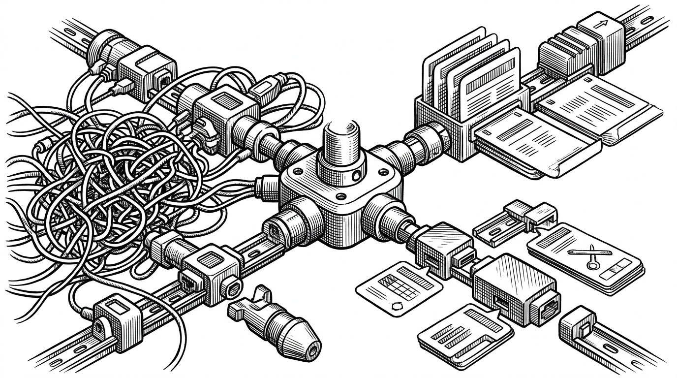 A central hub feeds several distinct tool modules through clean sockets and rails, while a tangled bundle of cables sits off to one side. The image explains the split between standardized integration paths and lightweight skills-based extension.