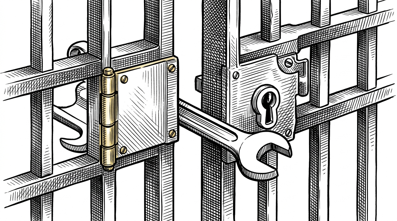 A close-up shows a locked gate opening just enough for a tool to pass through, while a second gate remains shut behind it. The image explains that approvals are a control point, not an afterthought, and that tool execution happens only after governance checks.