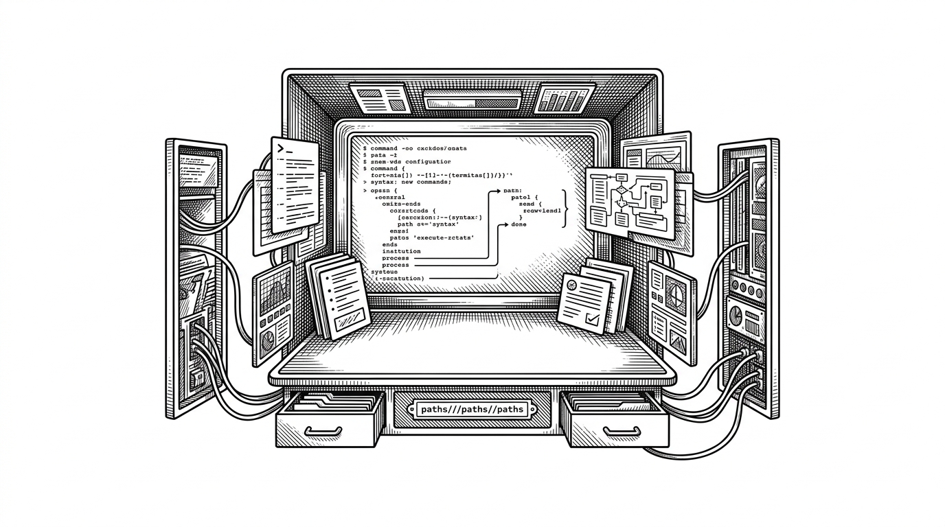 A terminal window sits on a desk like a miniature stage, with command cards, status lights, and branching paths rising from it. The image explains that the terminal UI is part of the control plane, giving the user visibility into what the agent is doing.