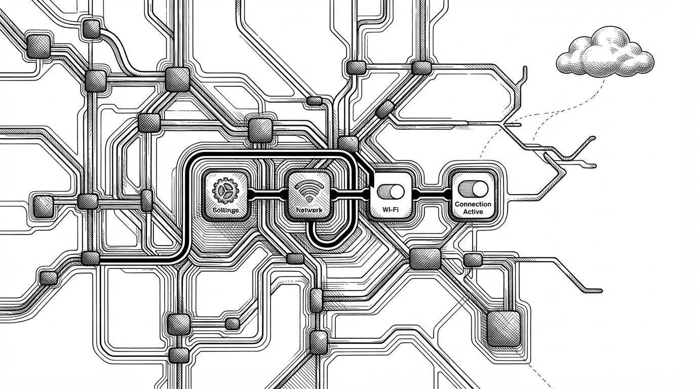 A close-up editorial illustration of an app map drawn like a subway map or circuit board. Several screen nodes are connected by replay paths, with one route highlighted as the shortest way to a familiar setting. A small model cloud sits off to the side, connected only by a dashed line for exceptional cases. It explains that the map handles routine navigation while the model handles novelty.