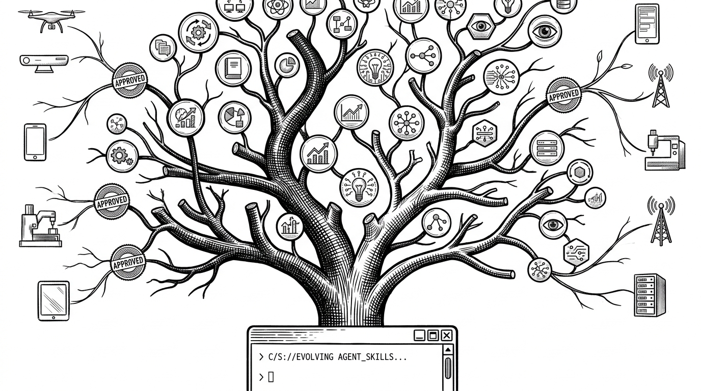 A wide black-ink illustration of a skill tree rising out of a terminal window, with branches labeled as evolving paths and several stems reinforced while others are pruned. It explains how OpenSpace treats agent skills as persistent infrastructure that can branch, survive, and spread across hosts.