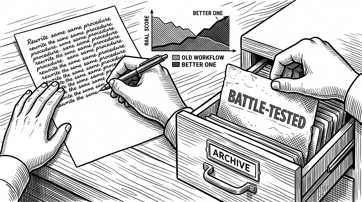 A close-up black-ink scene of two hands at a workbench. One hand rewrites the same procedure on a fresh sheet, while the other pulls a card from a labeled skill archive drawer. It shows the practical difference between recomputing a workflow and reusing a battle-tested one.