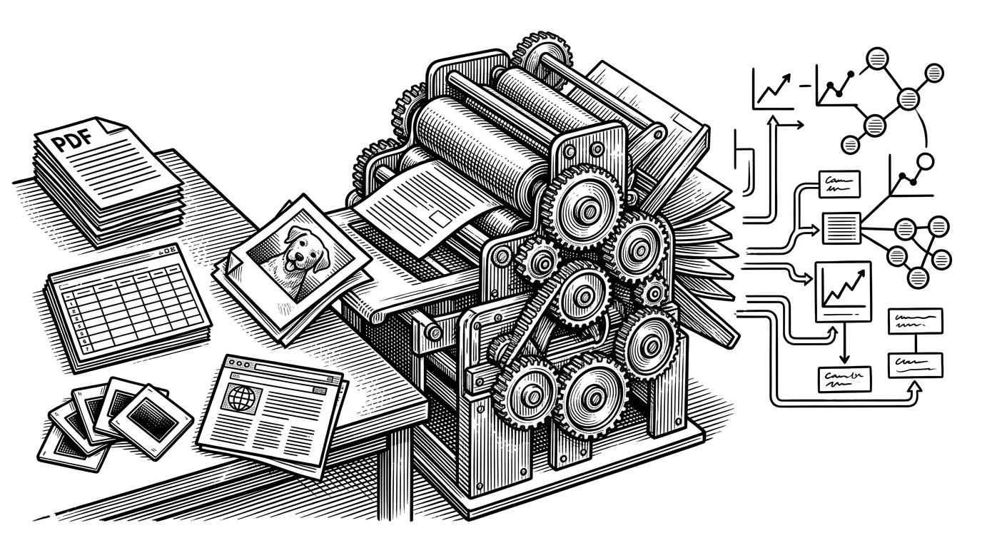 A wide editorial scene shows a messy intake desk where PDFs, screenshots, spreadsheets, and office files enter a mechanical sorting press. On the other side, the machine emits clean graph nodes, linked captions, and retrieval paths, which explains that the system turns document chaos into structured knowledge.