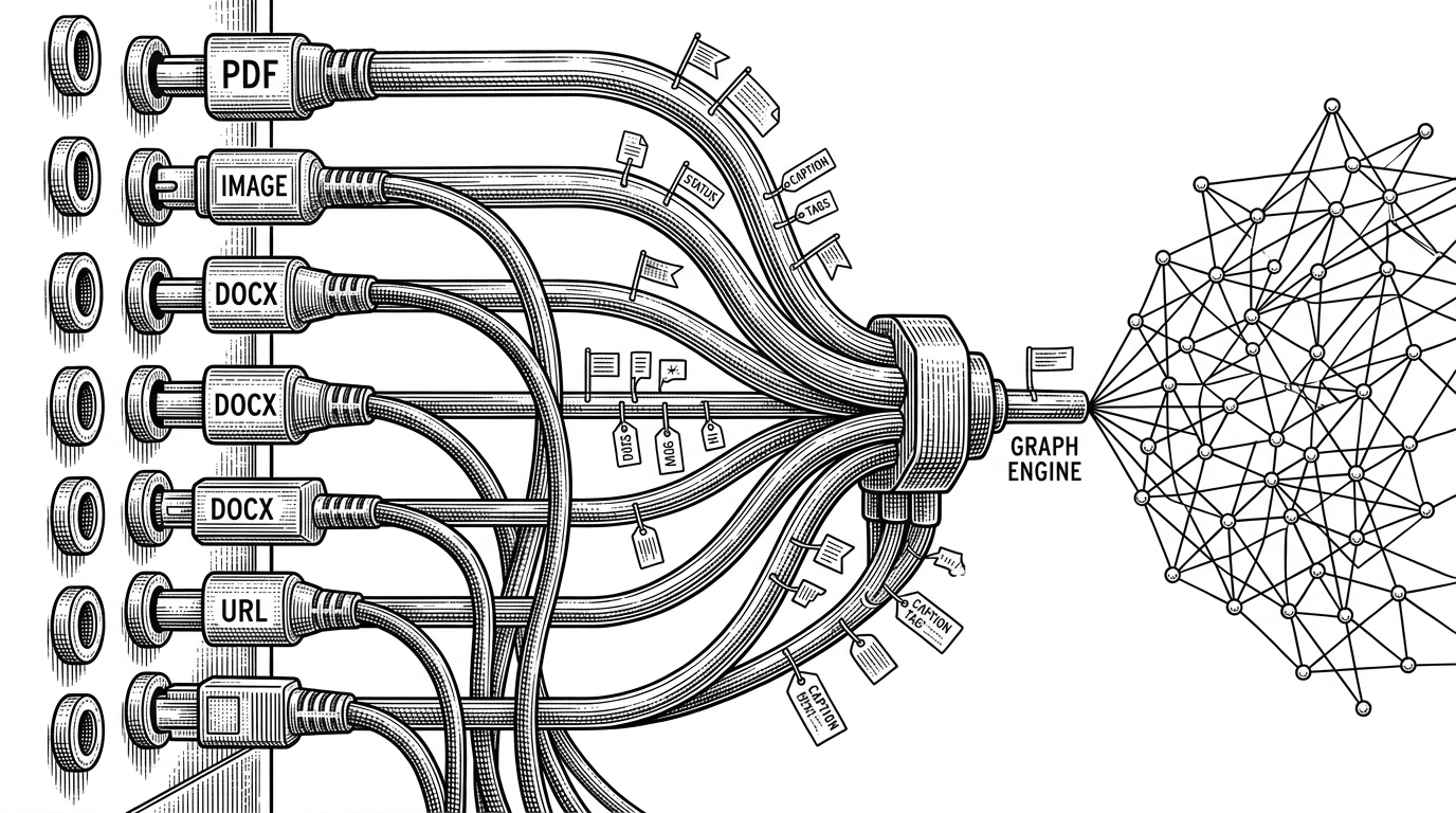 A close-up switchboard shows different file type plugs for PDF, image, DOCX, and URL routing into separate lanes that merge into a shared processor core and then into a LightRAG graph. Small status flags and contextual labels suggest that meaning is preserved during normalization rather than stripped away.