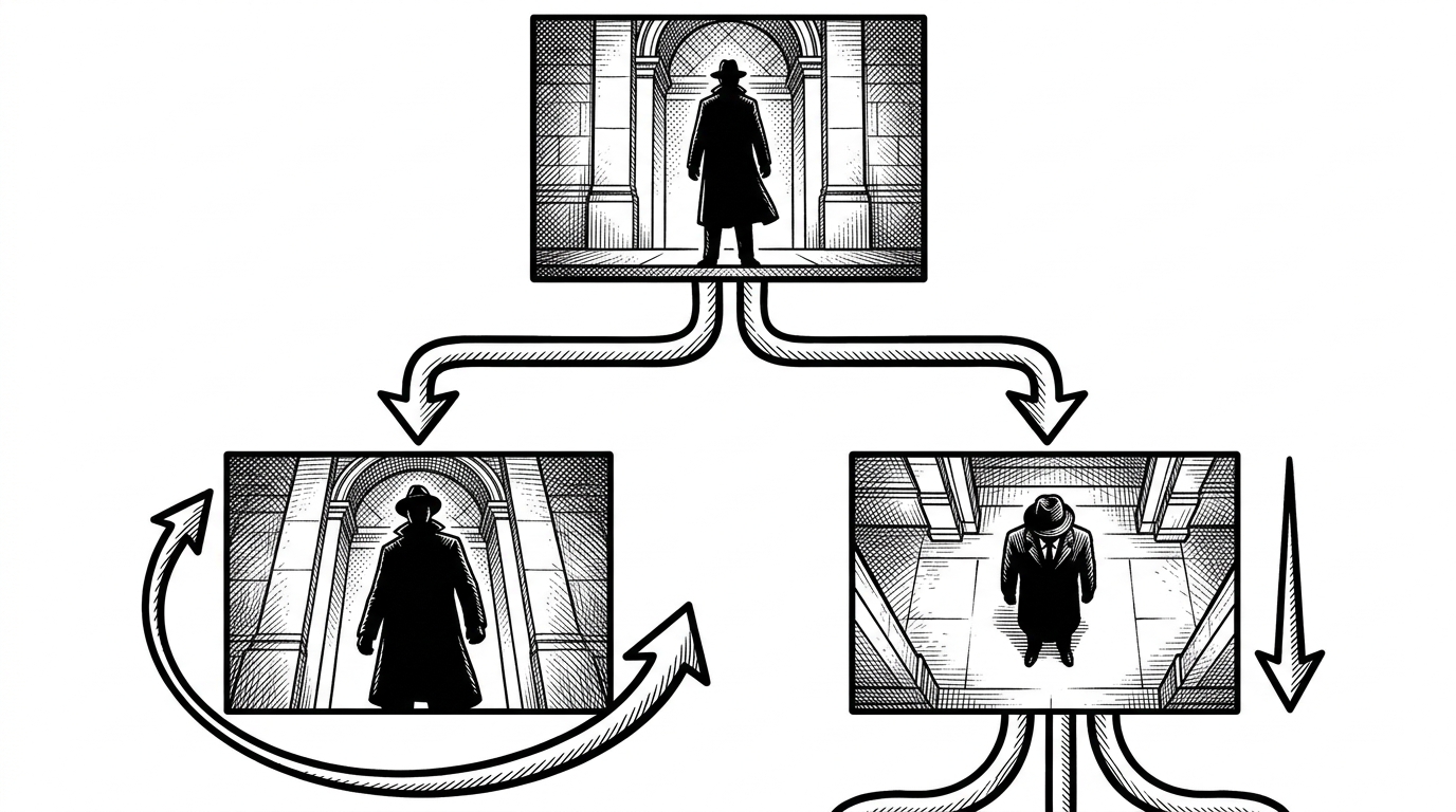 A close-up branching shot graph with one anchor node at the top and several inherited child nodes beneath it. The same character silhouette, wardrobe marks, and background geometry repeat across branches, while camera angle and motion arrows differ. It explains how ViMax propagates visual identity instead of regenerating it from scratch.