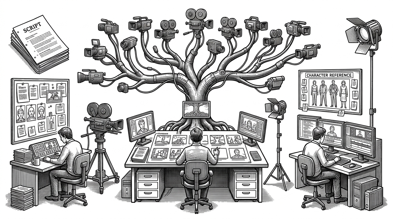 A wide editorial scene of a film studio control room with a central storyboard desk feeding several production stations. A branching camera tree grows from one root shot into multiple scene nodes, showing how one idea becomes a coordinated production system. It explains that ViMax is built around continuity and orchestration, not isolated clip generation.