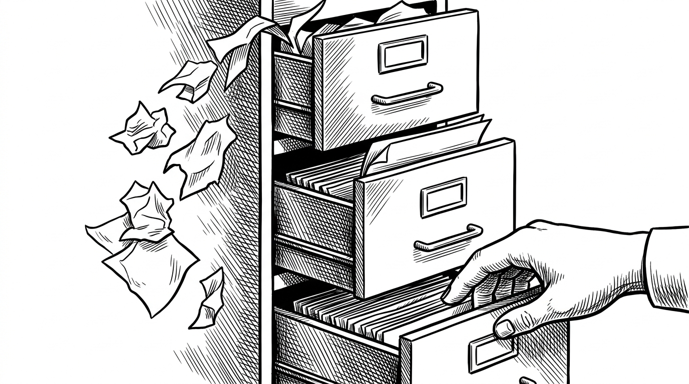A close-up of a stacked filing cabinet with three drawers labeled as different memory layers. Loose scraps are pruned from the top drawer, a compact summary sheet sits in the middle, and a hand reaches for a lower drawer that is opened deliberately. It explains how the agent keeps long research sessions coherent without overflowing context.