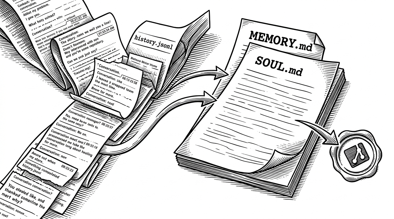 A close-up shows fragments of conversation being folded from a running log into two Markdown files and then sealed into a Git commit. The scene explains how nanobot turns ephemeral turns into durable, versioned memory.