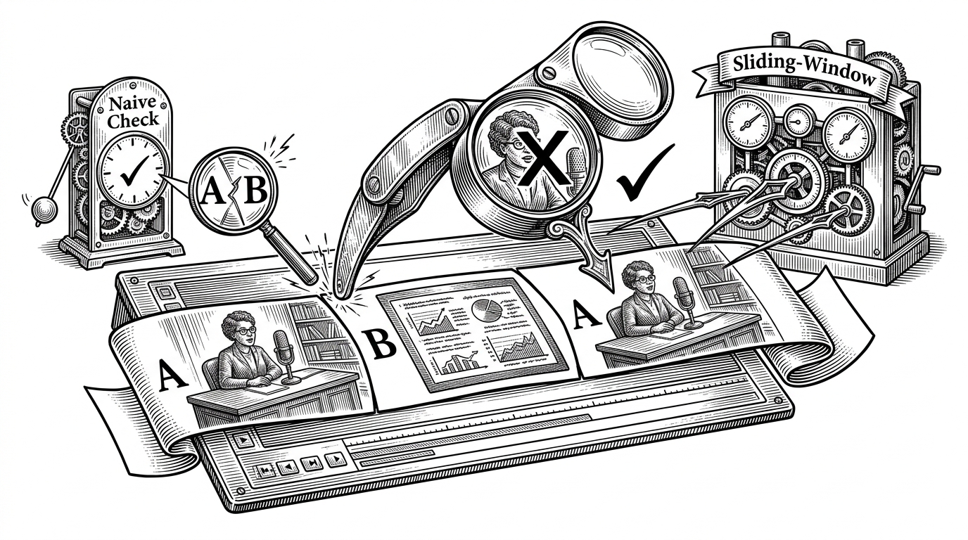 A close-up timeline shows an A-B-A pattern, with a speaker scene returning after a slide sequence. A naive adjacent comparison is fooled on the right side of the panel, while a sliding-window dedup lens correctly marks the repeated A as redundant and suppresses it. This explains why the tool compares against more than just the previous frame.