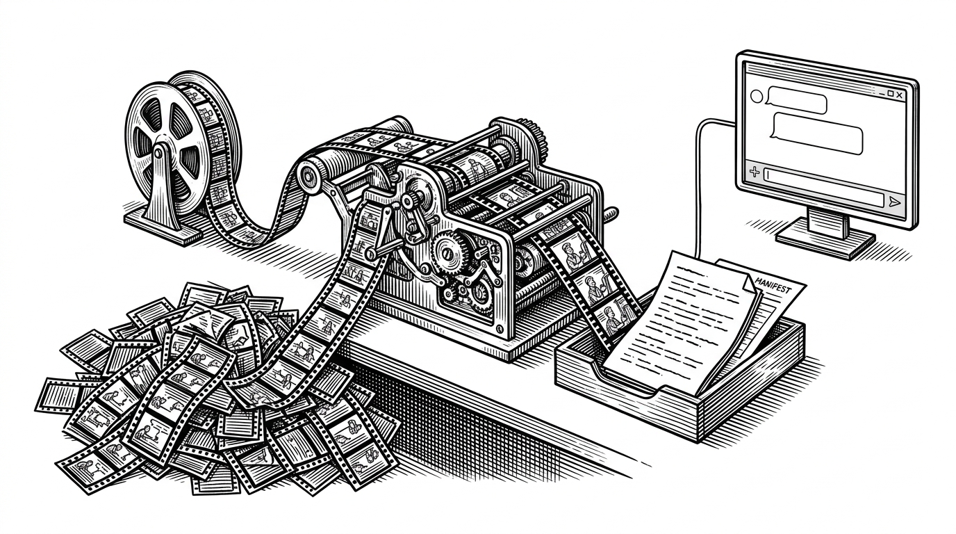 A long film strip feeds into a mechanical sorter, where many near-identical frames are discarded into a waste pile. The surviving keyframes, transcript pages, and a manifest card are arranged neatly beside a chat window, showing how raw video becomes a compact package for an LLM to read.