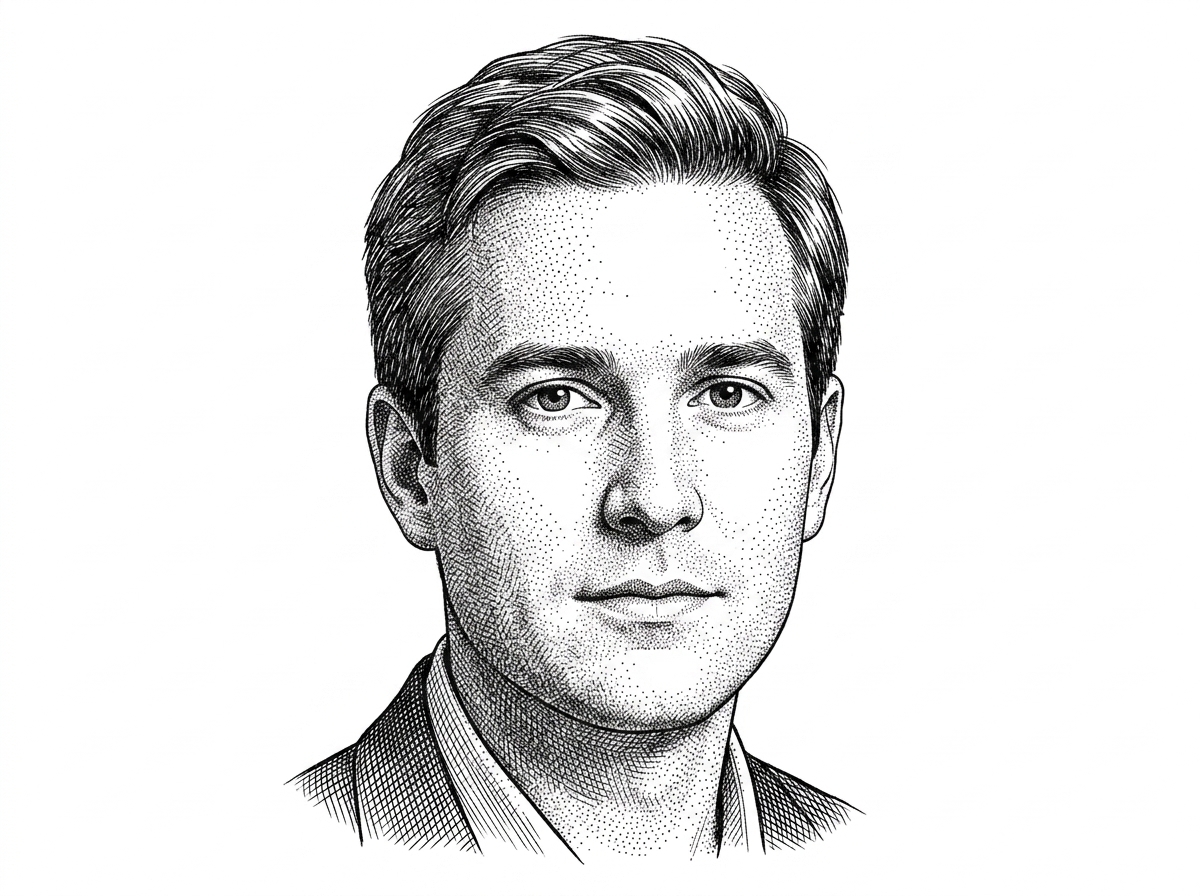 WSJ-style hedcut portrait of the project creator, rendered as black ink on a white background. The portrait provides a human anchor for the origin of the tool and helps connect the technical pipeline to its maintainer.