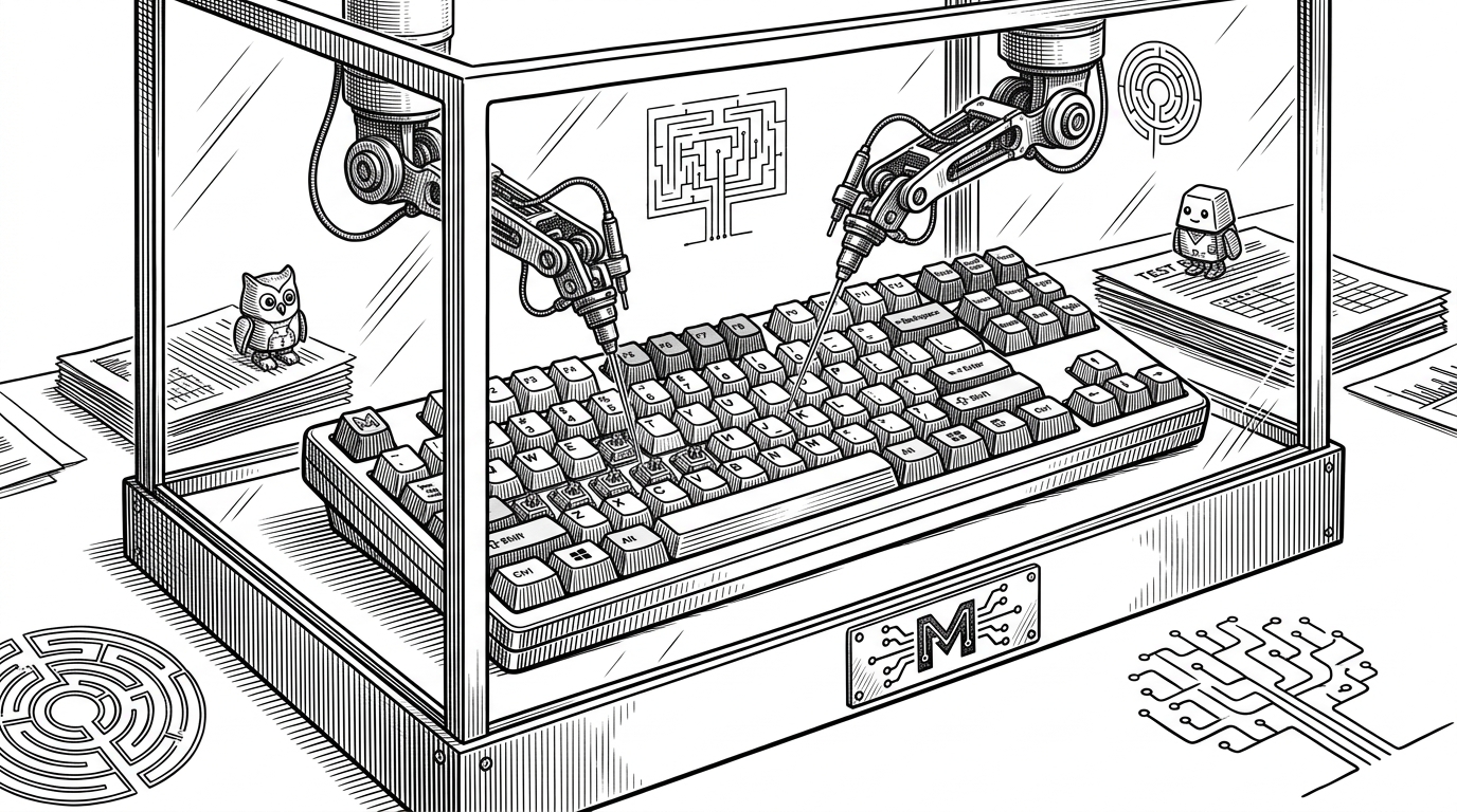 A mechanical keyboard inside a sterile testing chamber being scanned by robotic arms, representing the rigorous testing applied to a personal development environment.