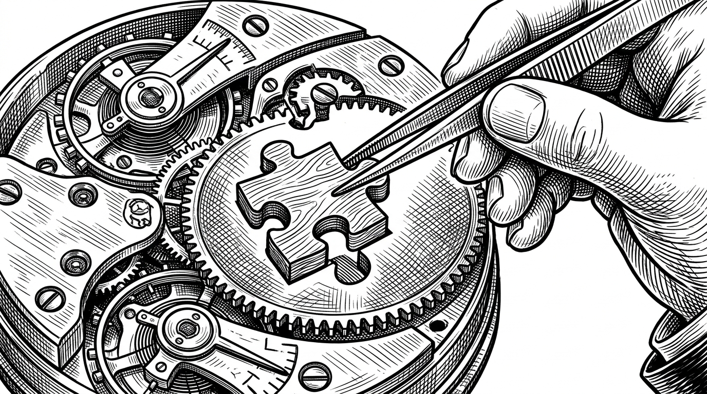 A close-up of a carved wooden puzzle piece being seamlessly slotted into a metallic clockwork mechanism by tweezers, representing Lua bridging static configuration with a dynamic editor engine.