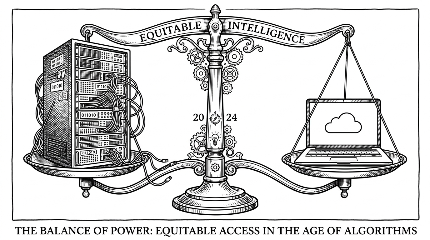 A precise vintage brass scale. On the left platter sits a massive, imposing multi-rack server tower. On the right platter sits a single, glowing consumer laptop. The scale is perfectly balanced, representing the power of small, optimized models running on constrained hardware.