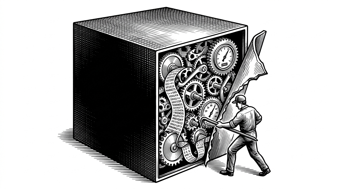 A giant opaque black metal cube being pried open with a crowbar by a developer, revealing complex clockwork gears, a glowing ticker tape of text, and mechanical measuring dials inside. This illustrates the concept of demystifying the black box of artificial intelligence.
