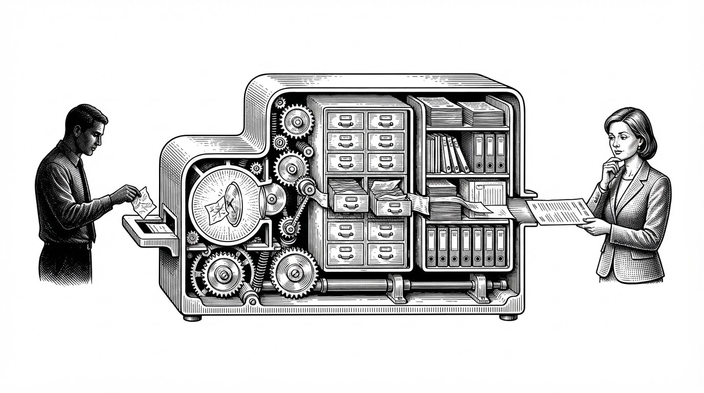 A folded employee complaint enters a compact office machine and emerges as a structured HR report. Inside the machine, the note passes through analysis chambers, storage, and policy lookup, showing how a sensitive text blob becomes a usable internal signal.