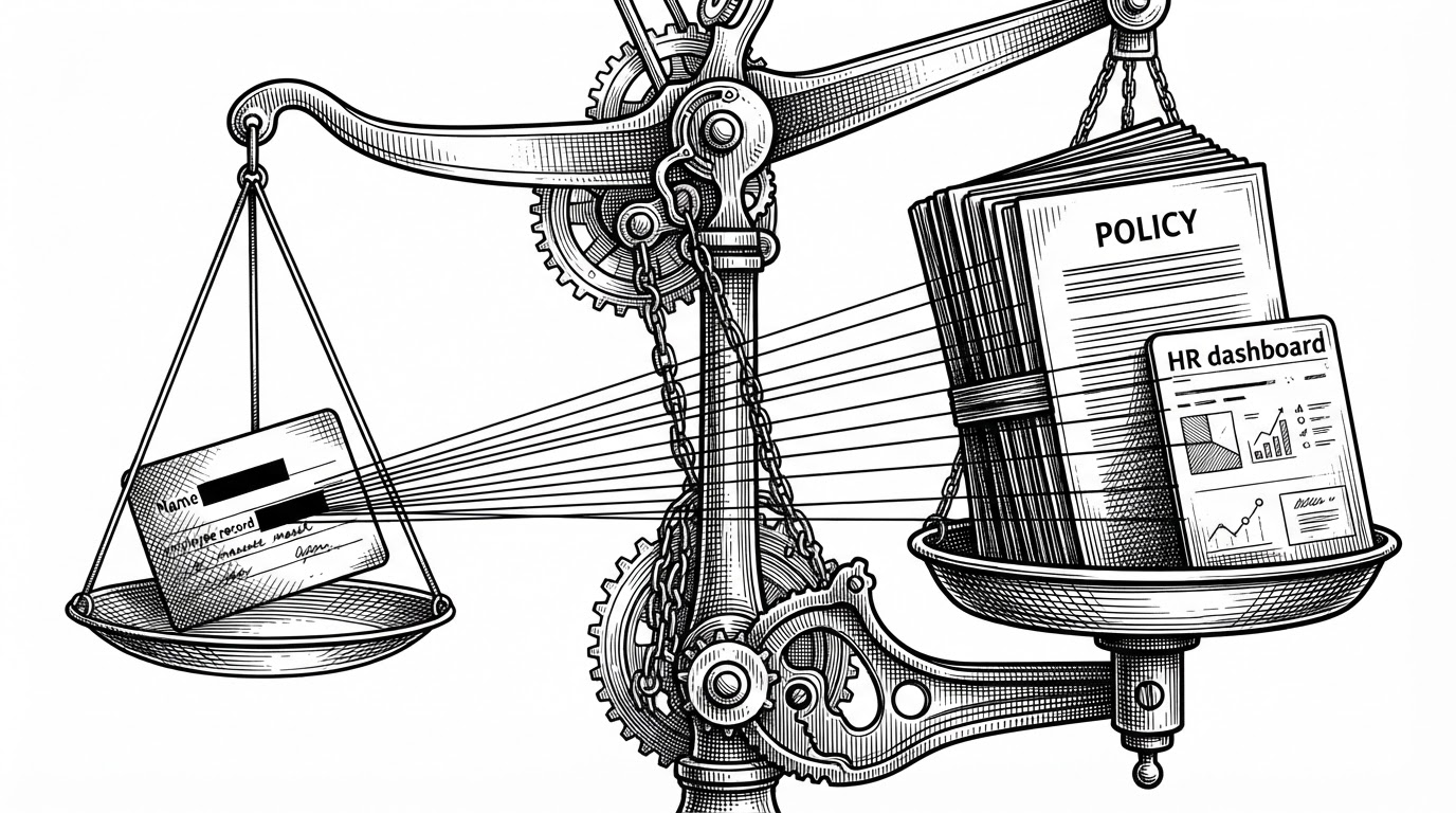 Two interlocked scales balance a masked employee record against a stack of policy documents and an HR dashboard card. Thin threads connect the record to the policy stack, illustrating that anonymous feedback can still drive action when it is grounded in rules rather than identity.